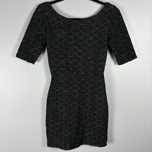 Free People Women's Small Black Boat Neck Textured Short‎ Sleeve Bodycon Dress